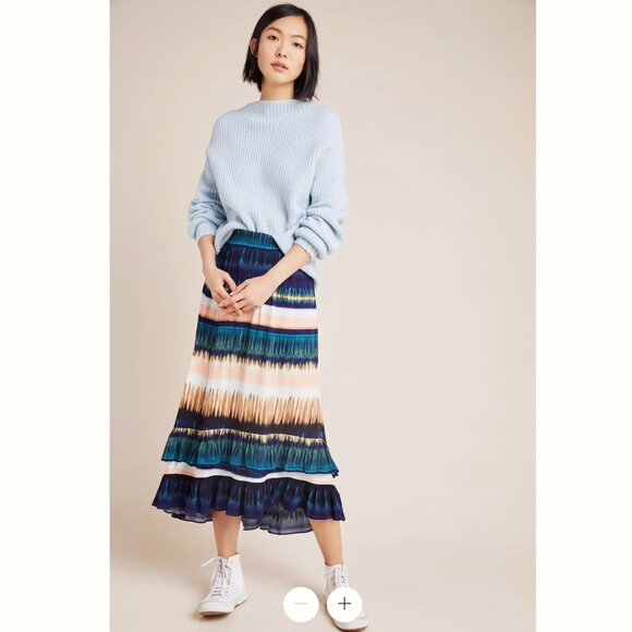 NWT Anthropologie Daniel Rainn Patrizia Ruffled Blue Green Maxi Skirt - Picture 2 of 10